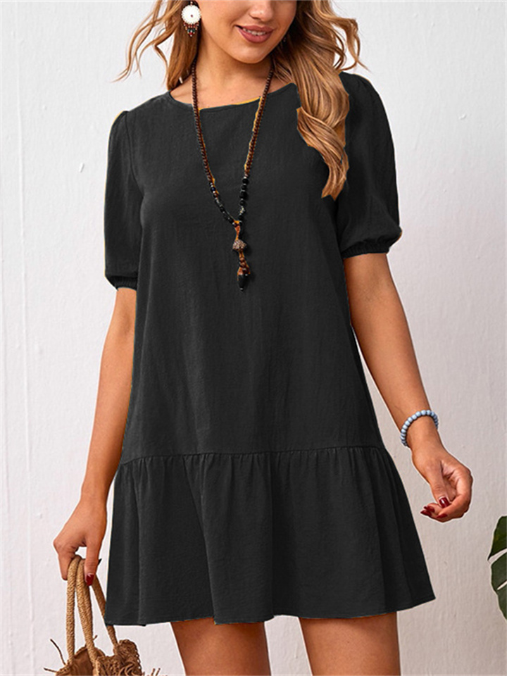 Comfortable Casual Women's Five-part Sleeve Pleated Dress Solid Color Loose Waist Cotton Linen Round Neck Dress A-line Dress