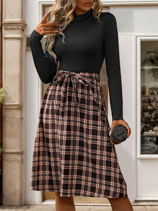 Mature Women Autumn And Winter New Elegant Plaid Skirt Splicing Dress