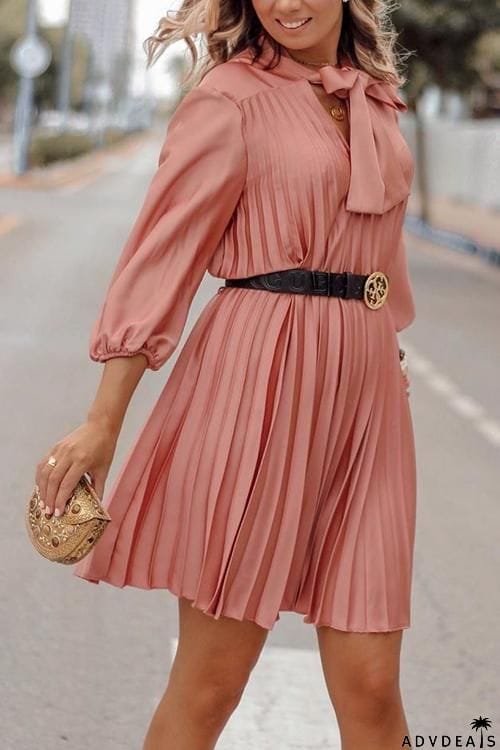 Tied Neck Long Sleeve Pleated Mini Dress
