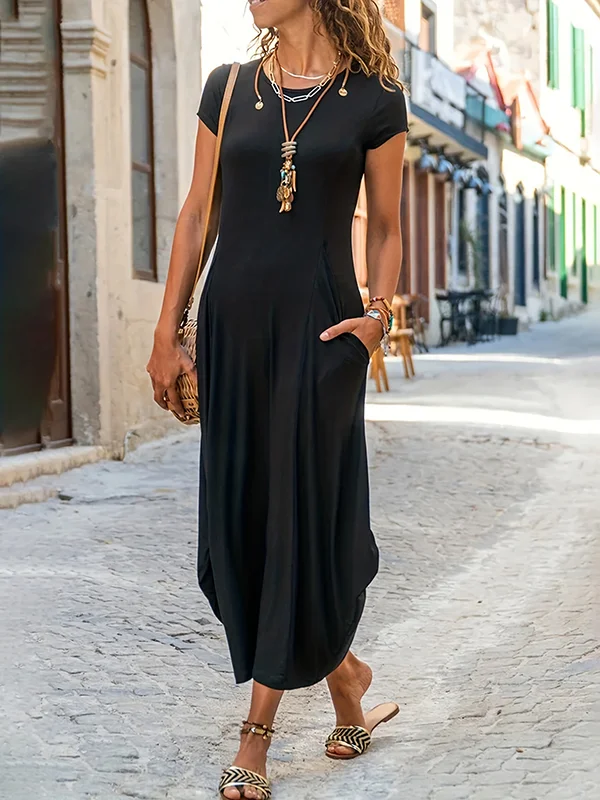 Pockets Solid Color Split-Joint A-line Loose Round-neck Midi Dresses