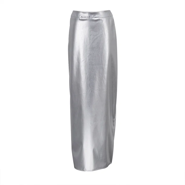 Ueong Ueong Women's Spring 2023 New Temperament Fashion High Waist Open Slit Show Thin Hip Skirt PU Leather Long Skirt