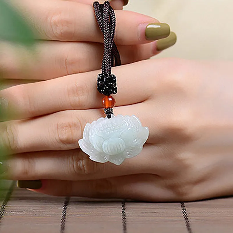 Lotus Pattern Jade Luck Abundance Necklace Pendant