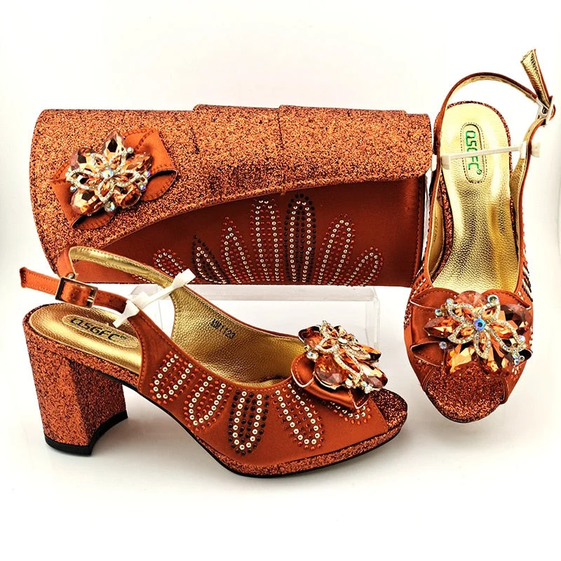 Wine Color Ladies Italian design Shoes and Bag Set Decorated with Rhinestones Shoes and Matching Bags Party Super high heel