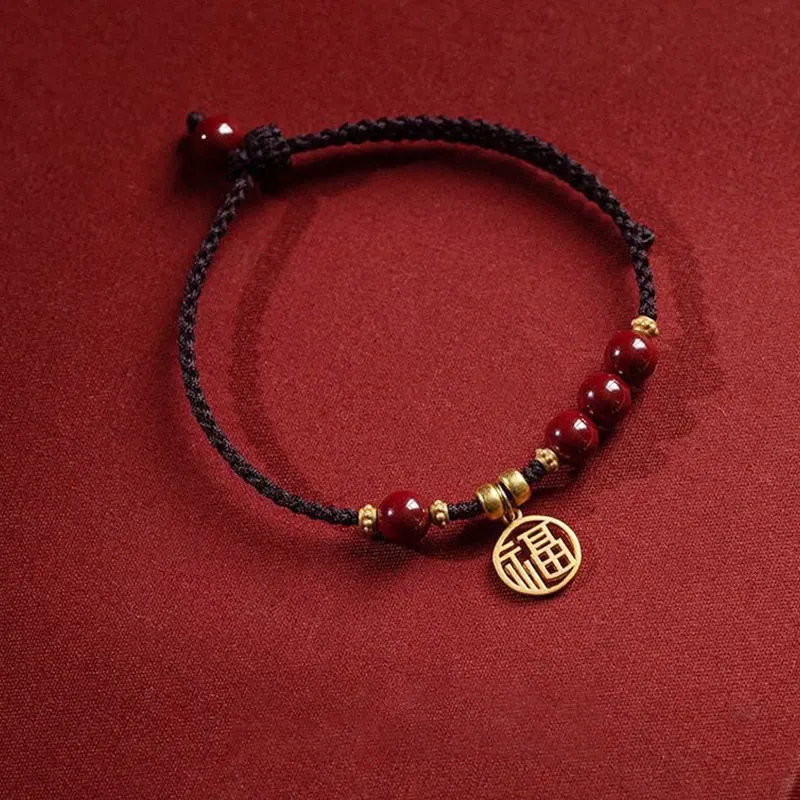 Fu Character Cinnabar Bead Charm Blessing Braided String Bracelet