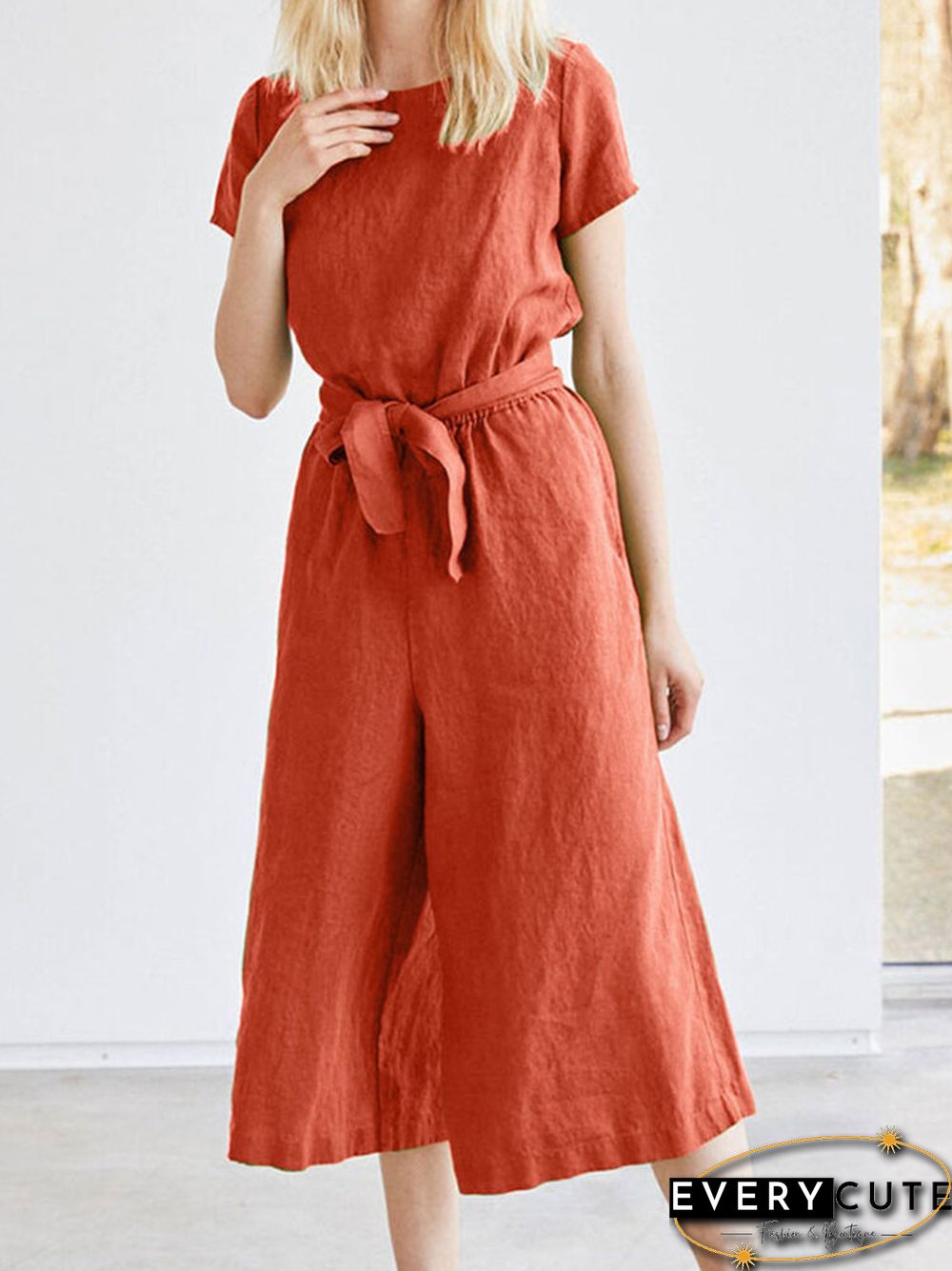Solid Pocket Short Sleeve Wide Leg Jumpsuit With Belt