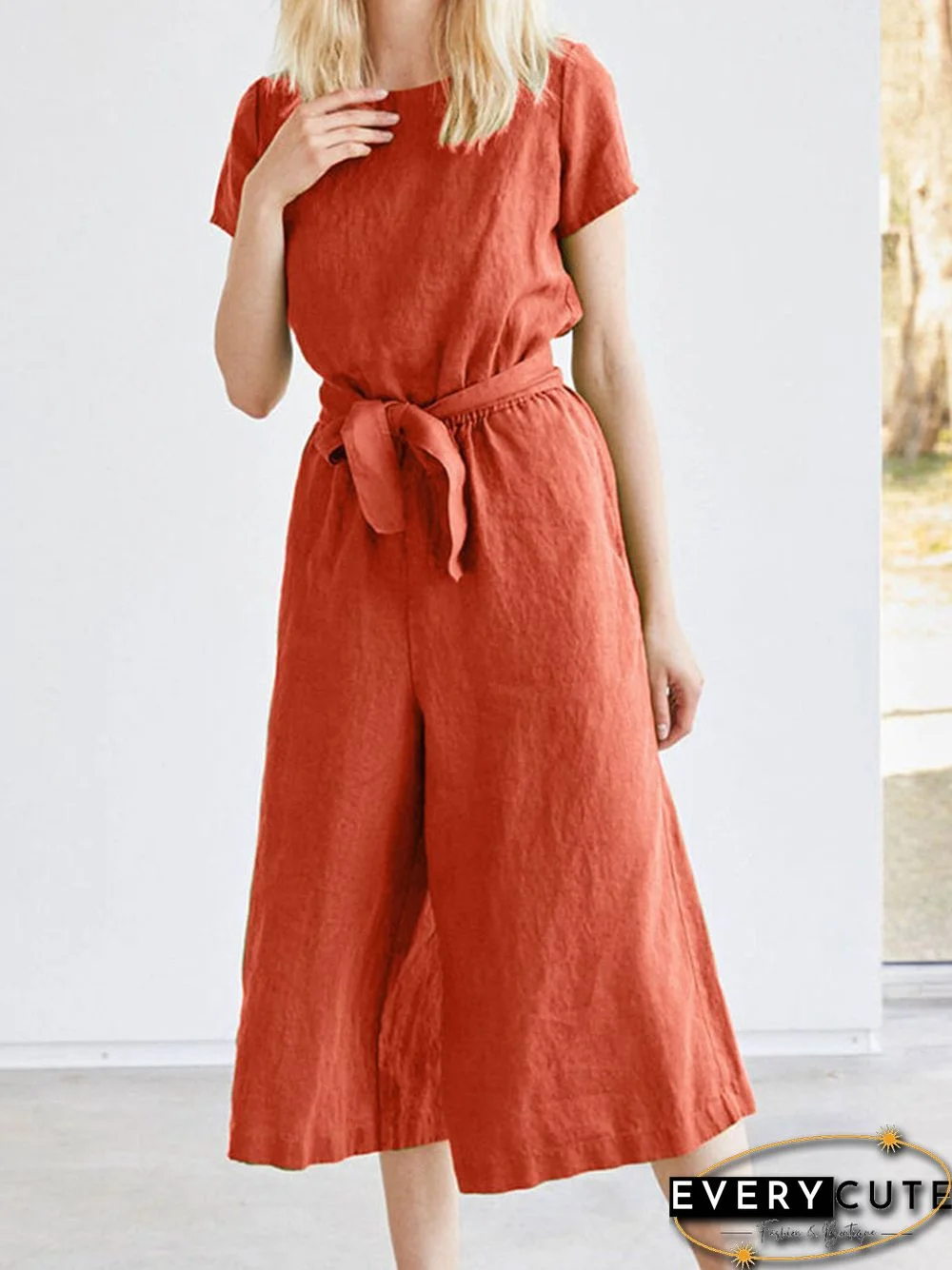 Solid Pocket Short Sleeve Wide Leg Jumpsuit With Belt