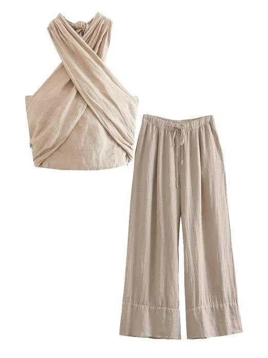 Ladies Criss Cross Tie Halter Top And Pants Set FBW1MS119