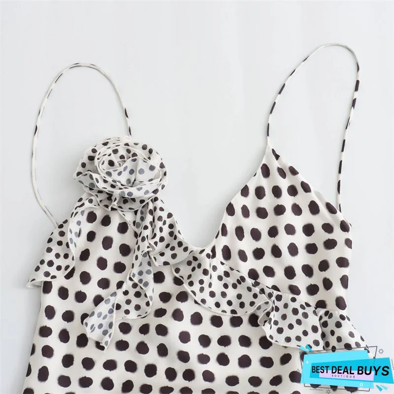 Polka Dots Print Sling V-Neck Sleeveless Holiday Maxi Dress