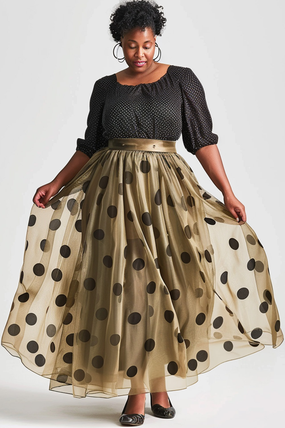 Flycurvy Plus Size Everyday Gold Polka Dot Print Pleated High Waist Maxi Skirt