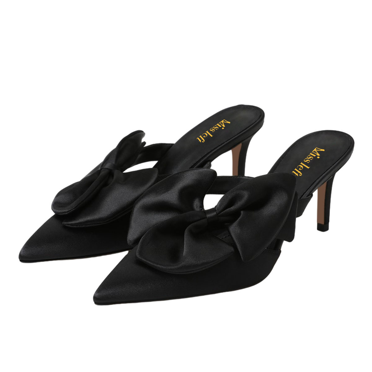 Black Satin Bow Slip-On Pointed Toe Stiletto Heel Mules for Women Nicepairs