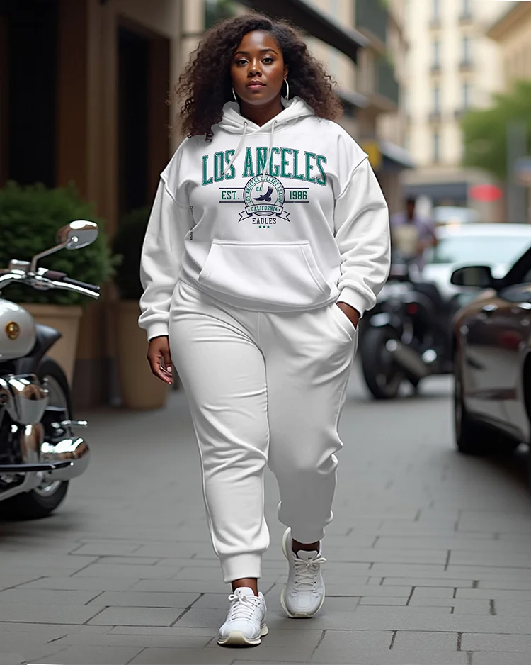 Women's Plus Size Los Angeles Long Sleeve Hoodie and Casual Pants Set