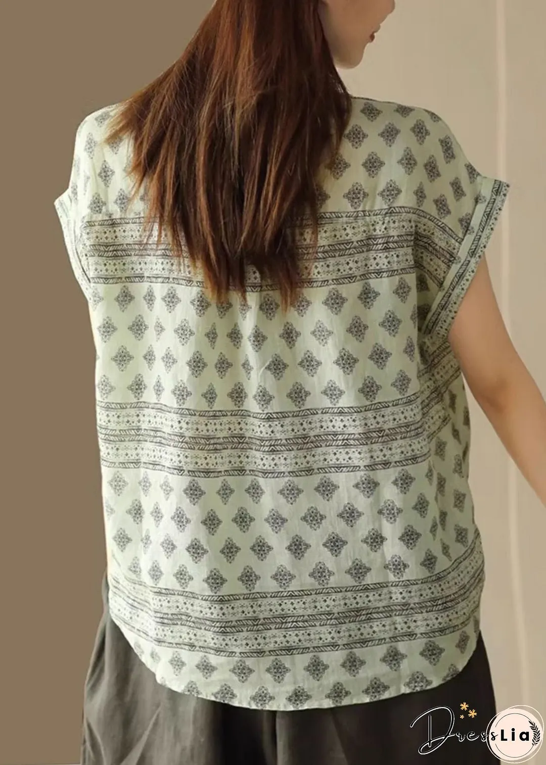 Italian Green Peter Pan Collar Print Patchwork Linen Shirt Summer