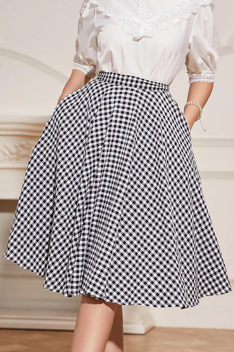 1950s Black Casual Plaid Fitted Waist With Pockets A-line Skirts