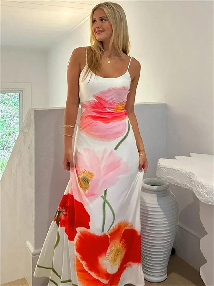 Huiketi Summer Printed Halter Dresses For Women Fashion Beach Holiday Spaghetti Backless Maxi Dress Female Elegant Party Dress New