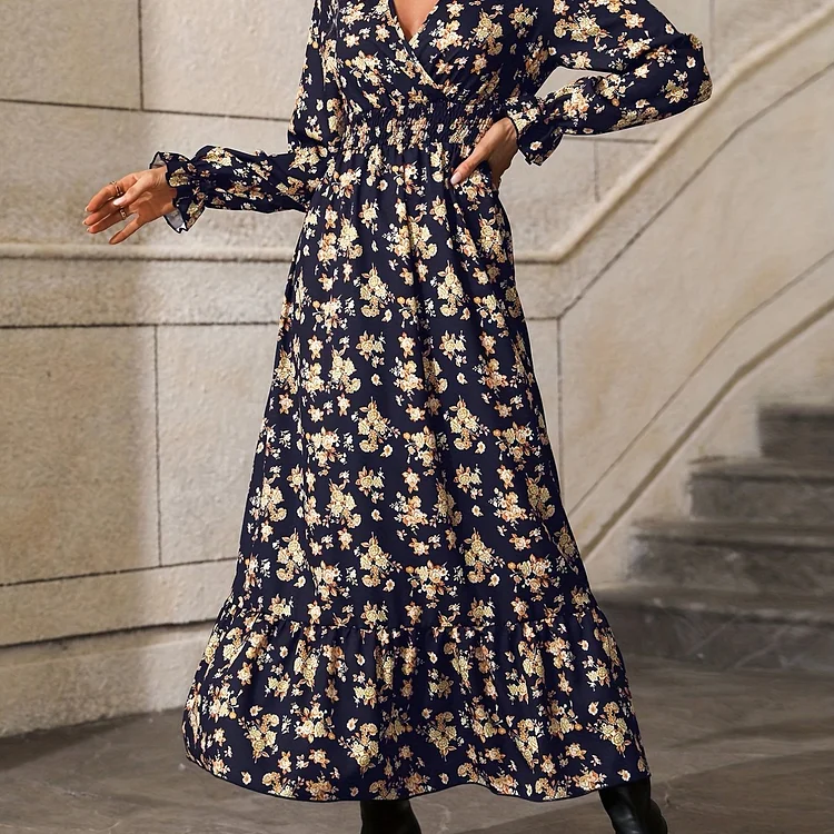Floral Print Shirred Waist Dress, Elegant V Neck Long Sleeve Maxi Dress, Women's Clothing