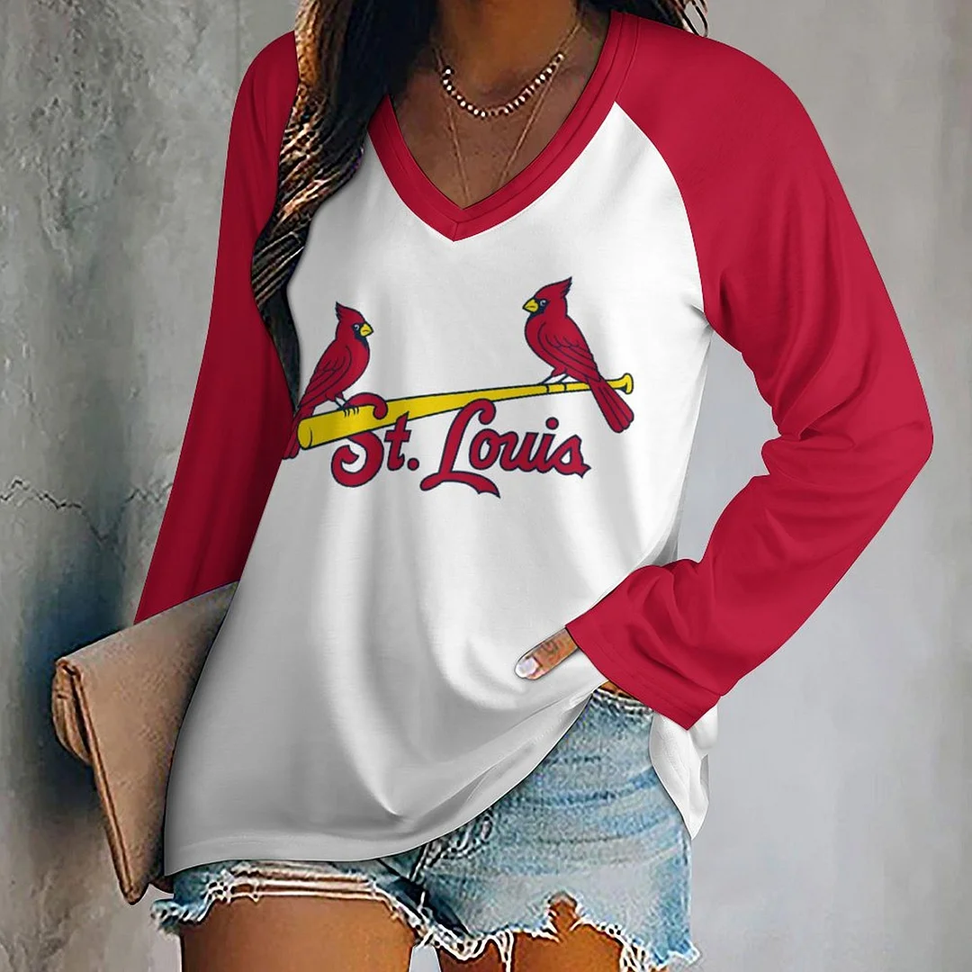 V-neck Long Sleeve Casual T-shirt for  Women and Men Printed with Pattern,Red,Dark Blue,White