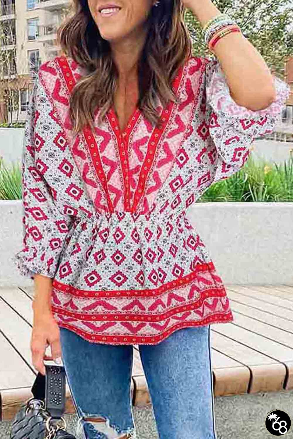 Red Geometric Print 3/4 Sleeve V-Neck Shirred Waist Flared Blouse | 168DEAL