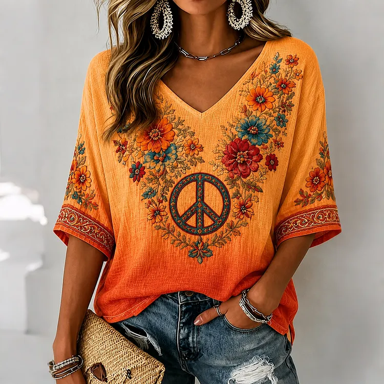 Women's Vintage Peace Symbol And Floral Gradient Art Short Sleeve Shirt