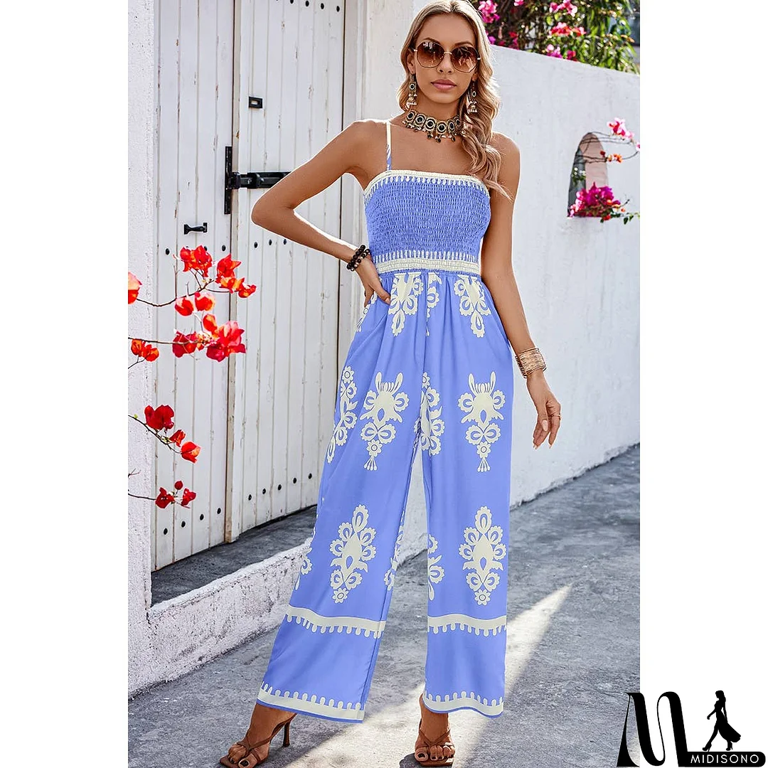 MidiSono - Off Shoulder Ruched Printed High Waist Jumpsuit