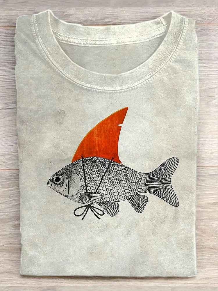 Teecade Teecade Unisex Funny Fish Illustration Print Casual Round Neck Short Sleeve T-Shirt