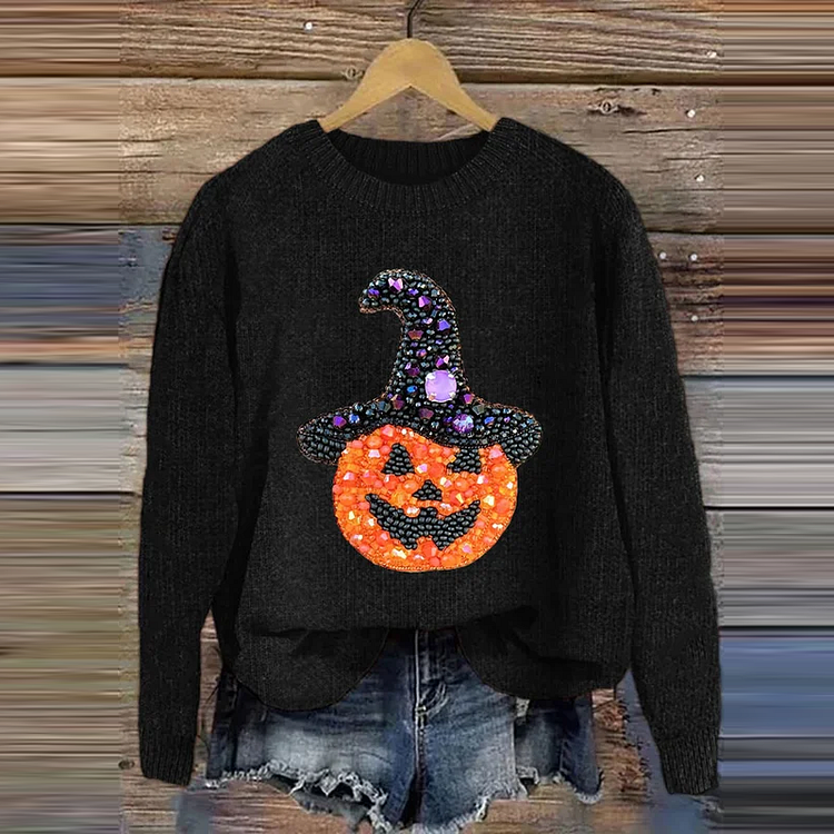 Halloween Pumpkin Embroidery Art Print Knitted Pullover Sweater