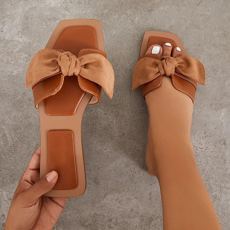 Bowknot Square Open Toe Slides Slip on Flat Sandals