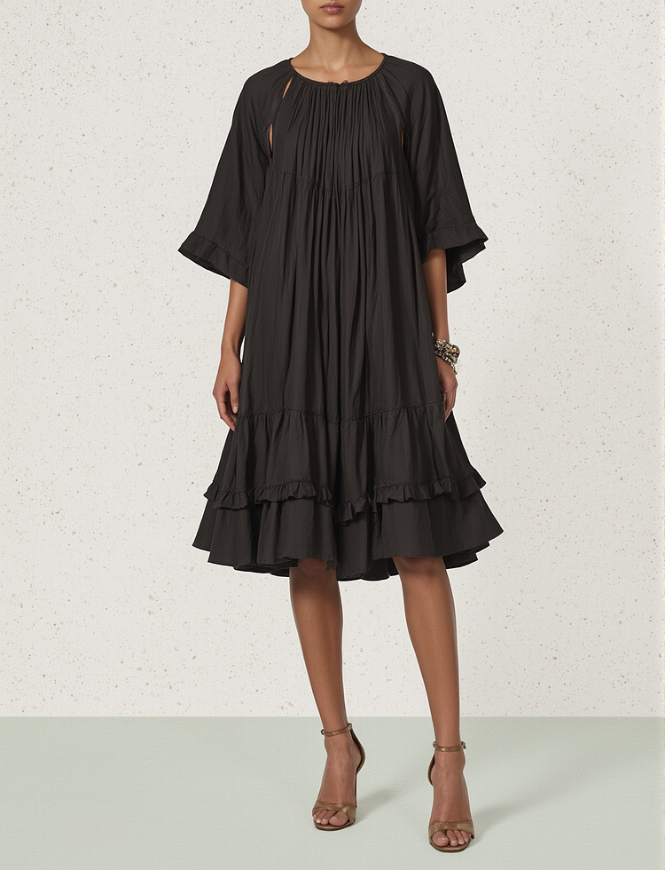 Black Ruffle Half Sleeve Midi Dress