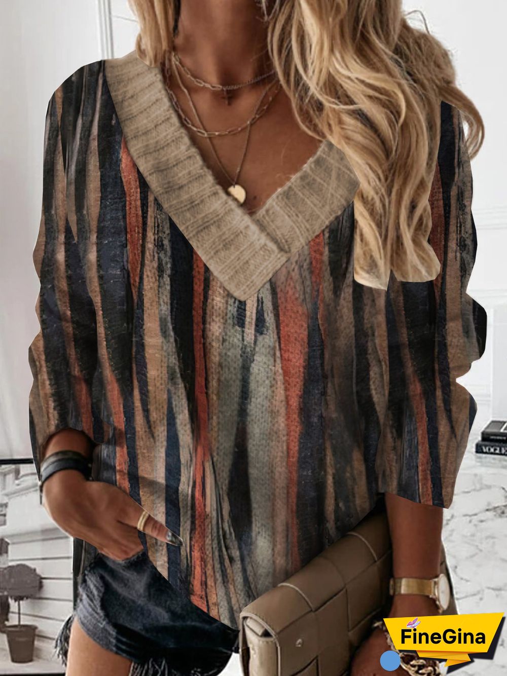 Casual Geometric Long Sleeve V Neck Printed Tops