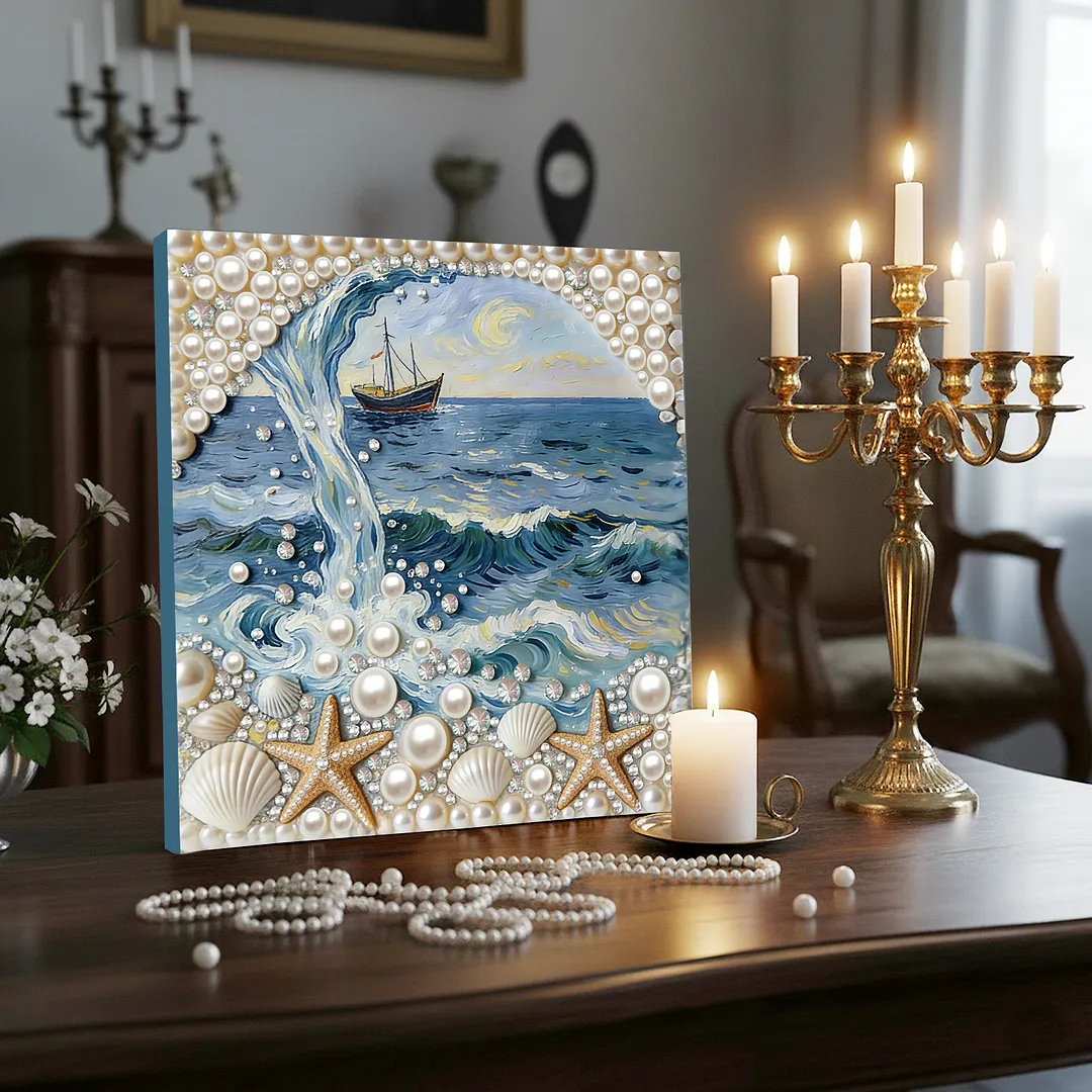 DIY Beach Seashell Starfish Pearl Painting Kit for Adults Beginners Gift Idea Home Wall Decor Pearl Gem Paintings Picture Arts Craft 30x30cm with Frame