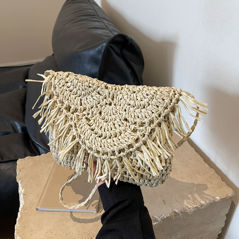 Statusupgame Summer Beach Women Tassels Straw Rattan Weave Shoulder Crossbody Bag Flap Female Retro Daily Envelope Handbag Women's handbags