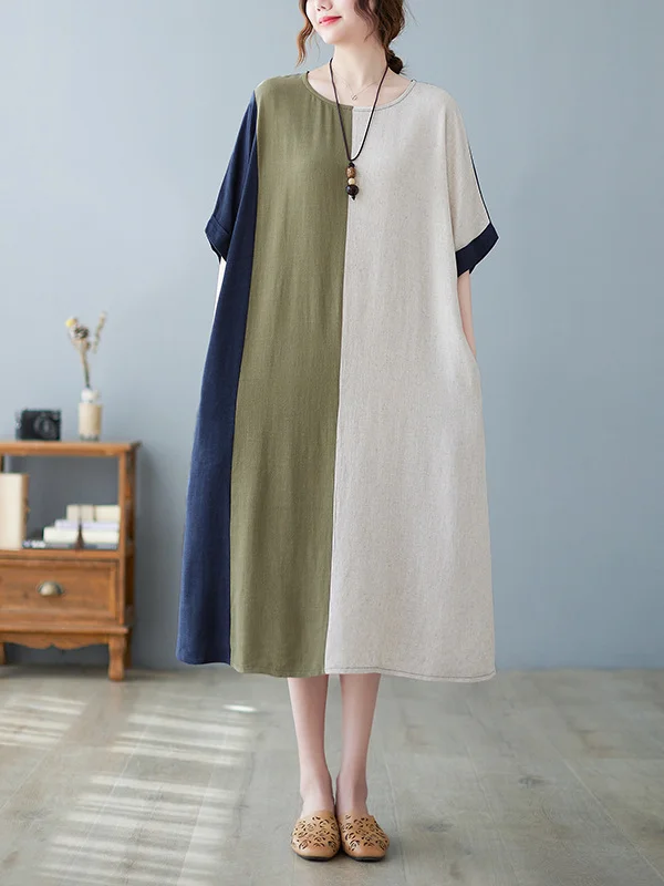 Roomy Casual Contrast Color Ramie Cotton Midi Dress