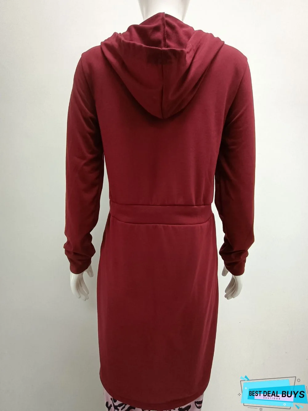 New Women's Solid Color Zipper Long Sleeve Hooded Waist Dress