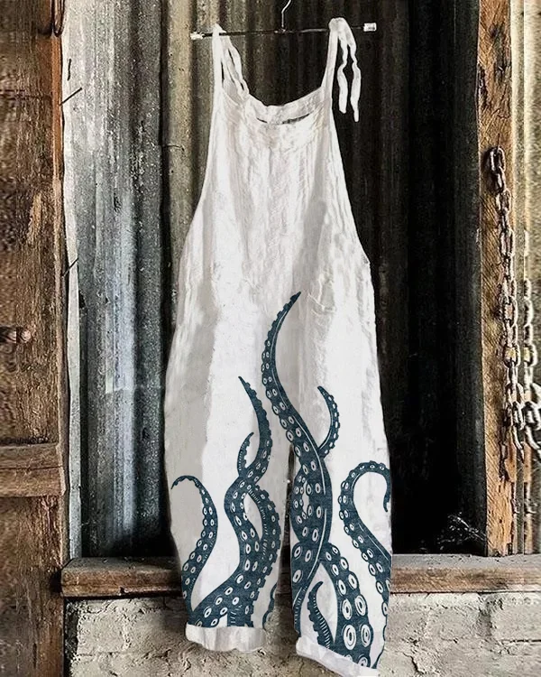 Vintage Japanese Octopus Art Print Loose Jumpsuit
