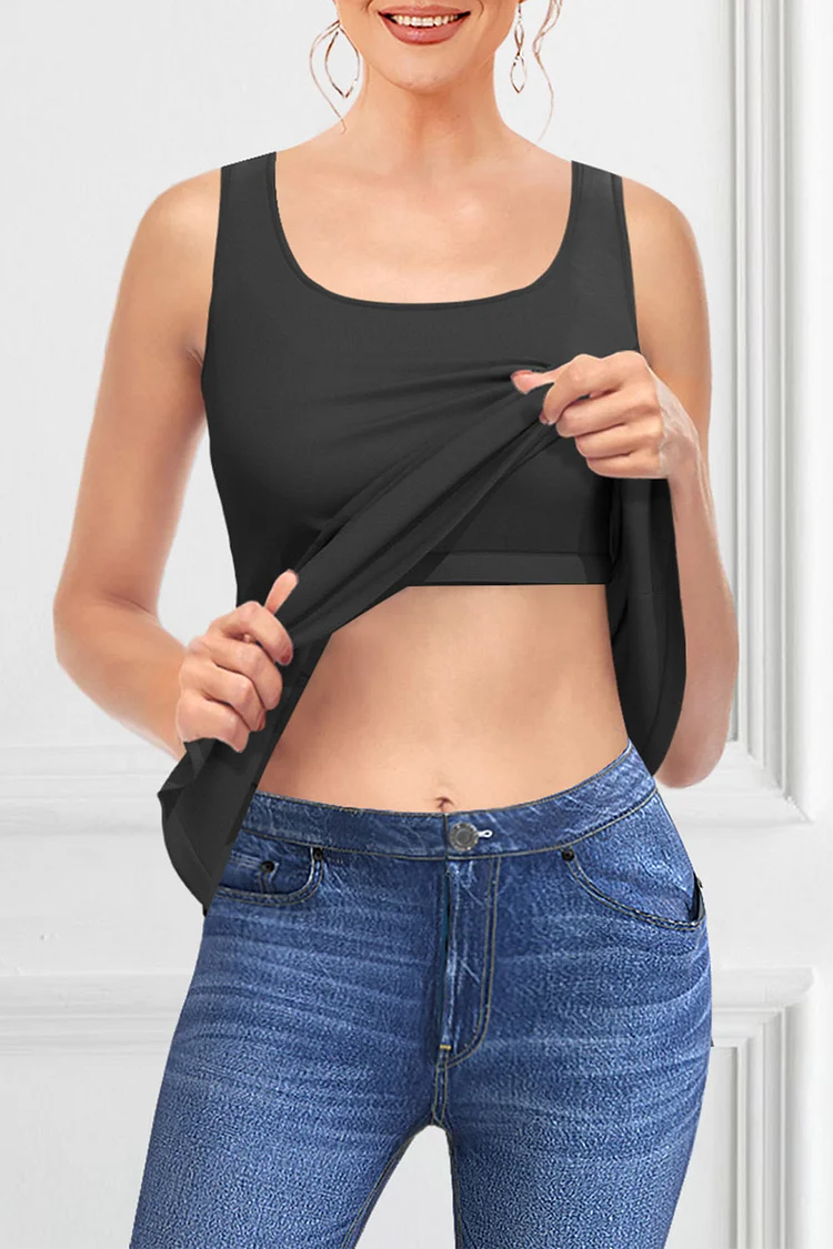 Flycurvy Plus Size Casual Black Solid Color Tank Top With Built In Bra  Flycurvy [product_label]