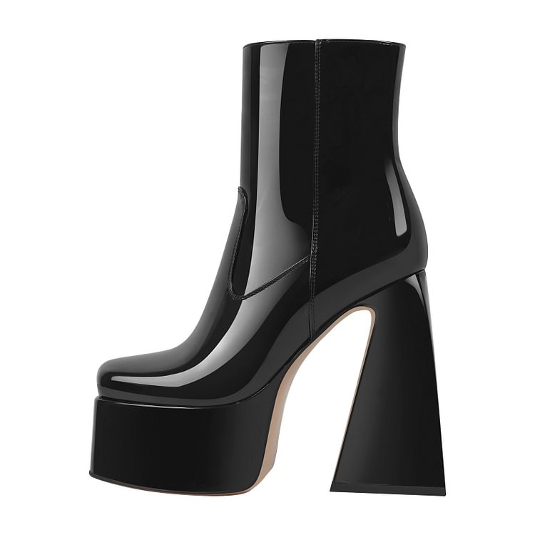 Statement Side Zipper Solid Color Patent Leather Chunky Heel Platform Boots