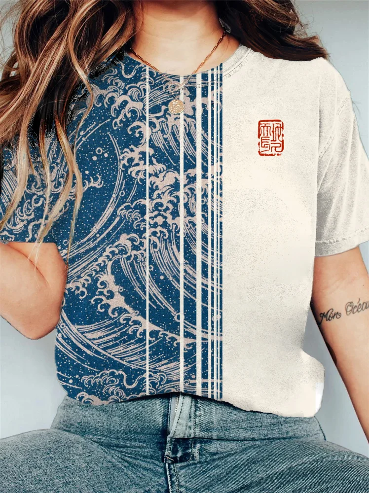 Women's Vintage Sea Wave Art Pattern Print Color Block Tee