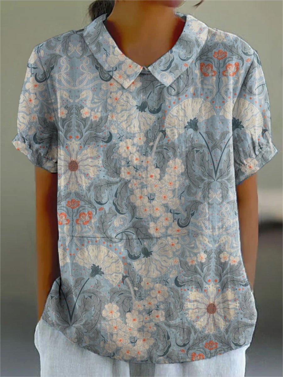 Women's Vintage Flower Print Casual Cotton And Linen Shirt