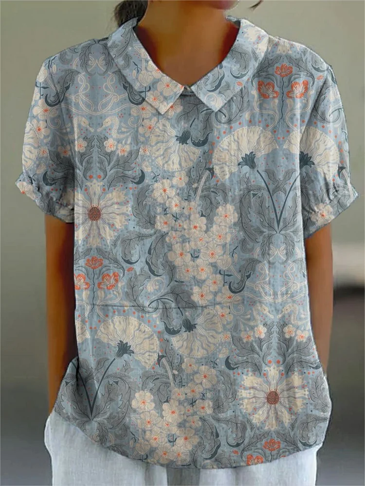 Women's Vintage Flower Print Casual Cotton And Linen Shirt
