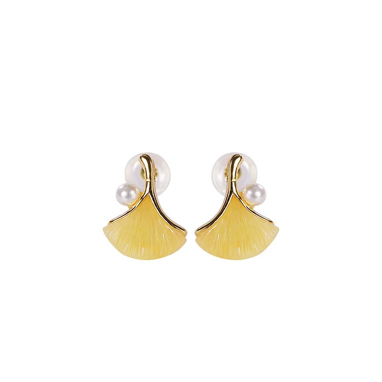 Women Elegant Beeswax Ginkgo Leaf Pearl Sliver Earrings