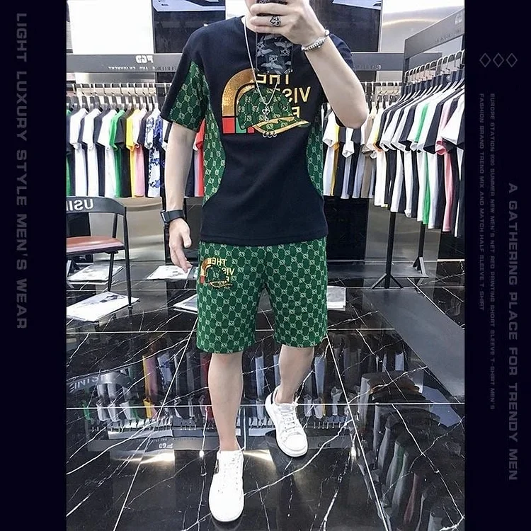 Men's casual wear set embroidered bear pattern 