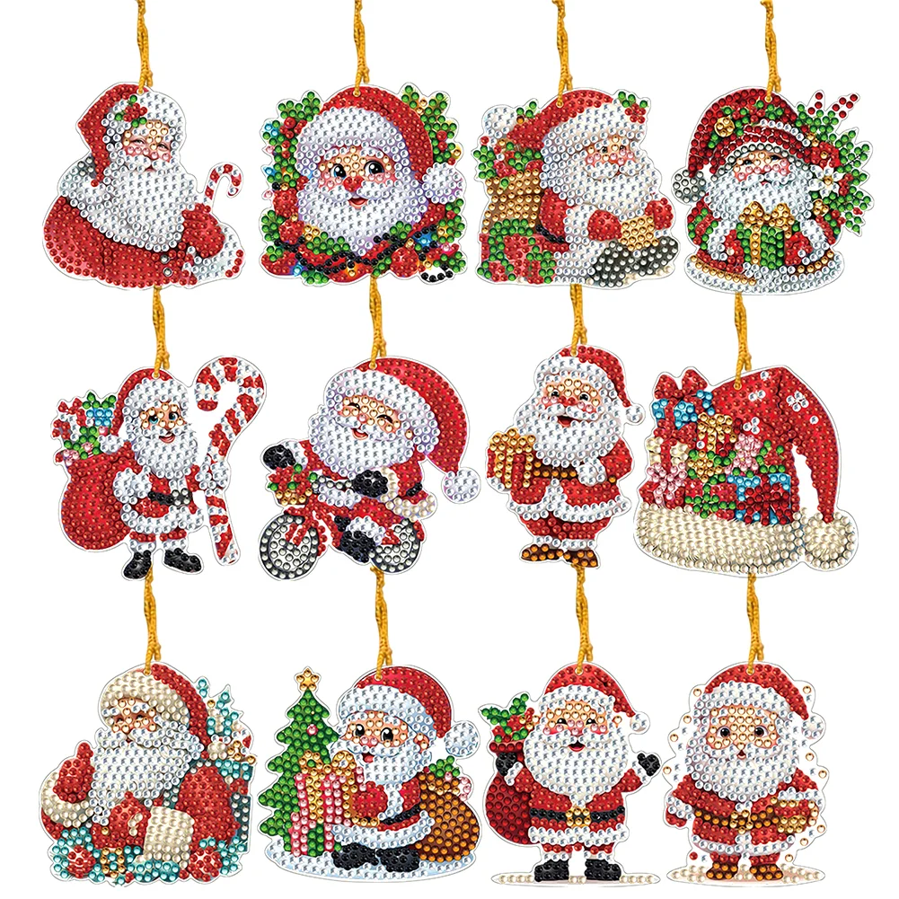12Pcs Xmas Theme 2D Flat DIY Diamond Christmas Tree Pendant Wall Door Decoration