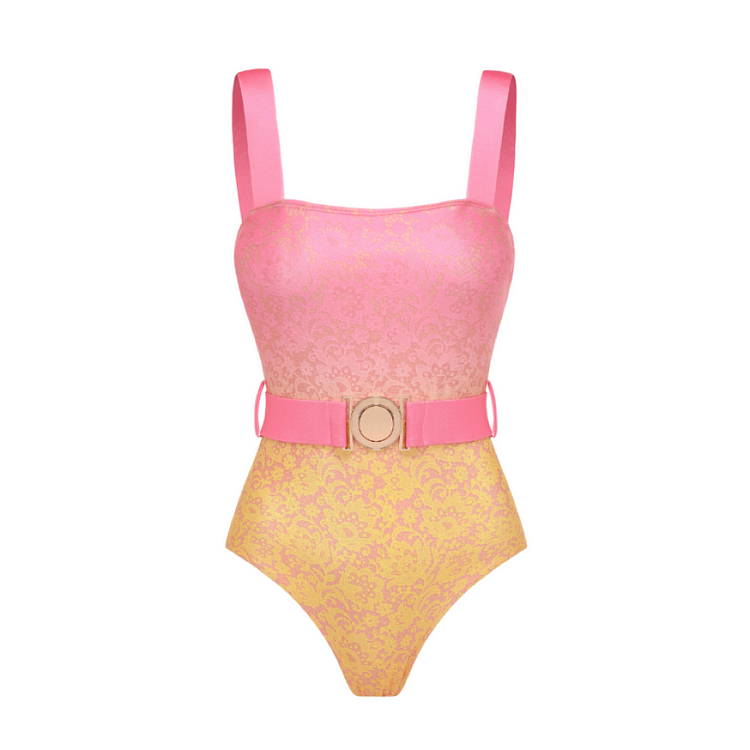 Lace Print Gradient Metal Belt Head Swimsuit and Skirt