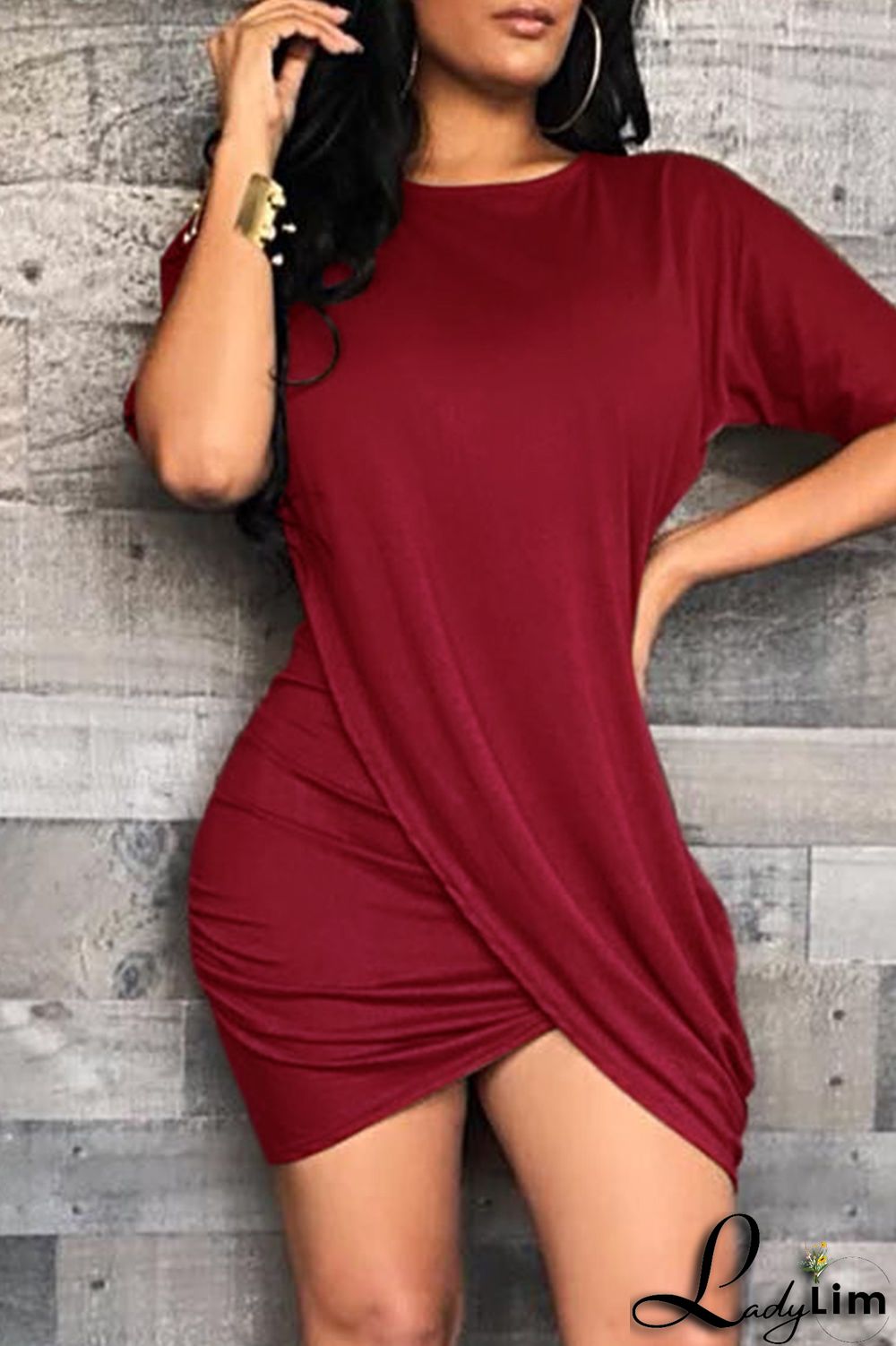 Grey Fashion Casual Solid Split Joint O Neck Short Sleeve Dress