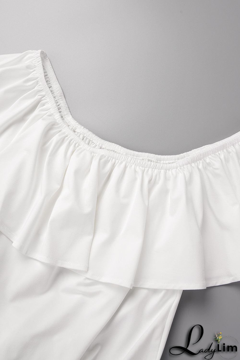 Grey Casual Solid Patchwork Flounce Off the Shoulder Straight Jumpsuits