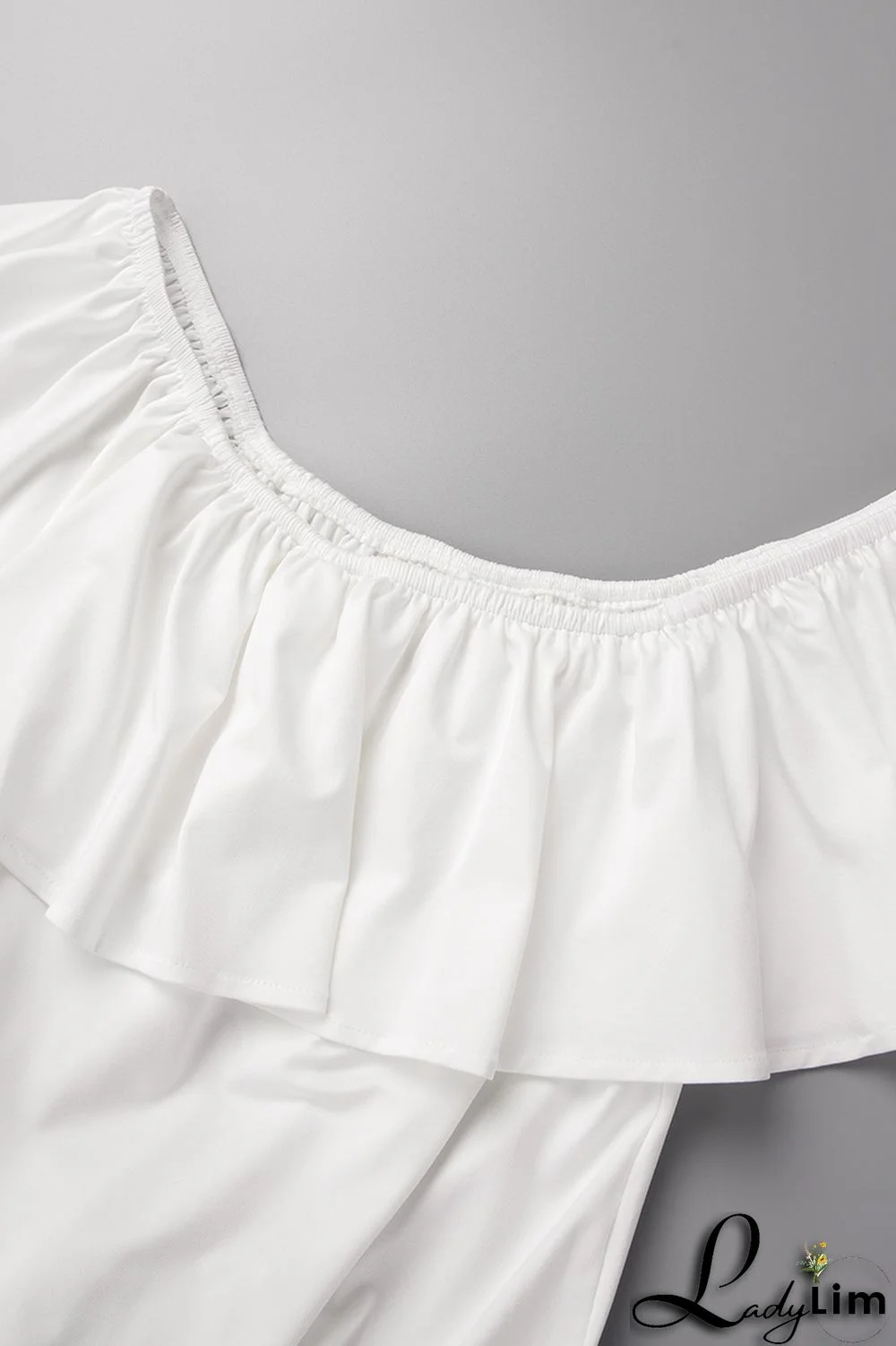 Grey Casual Solid Patchwork Flounce Off the Shoulder Straight Jumpsuits