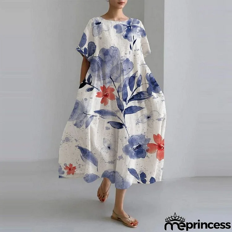 Summer Women Fashion Casual Loose Floral Print Round Neck Short Sleeve Maxi Dress