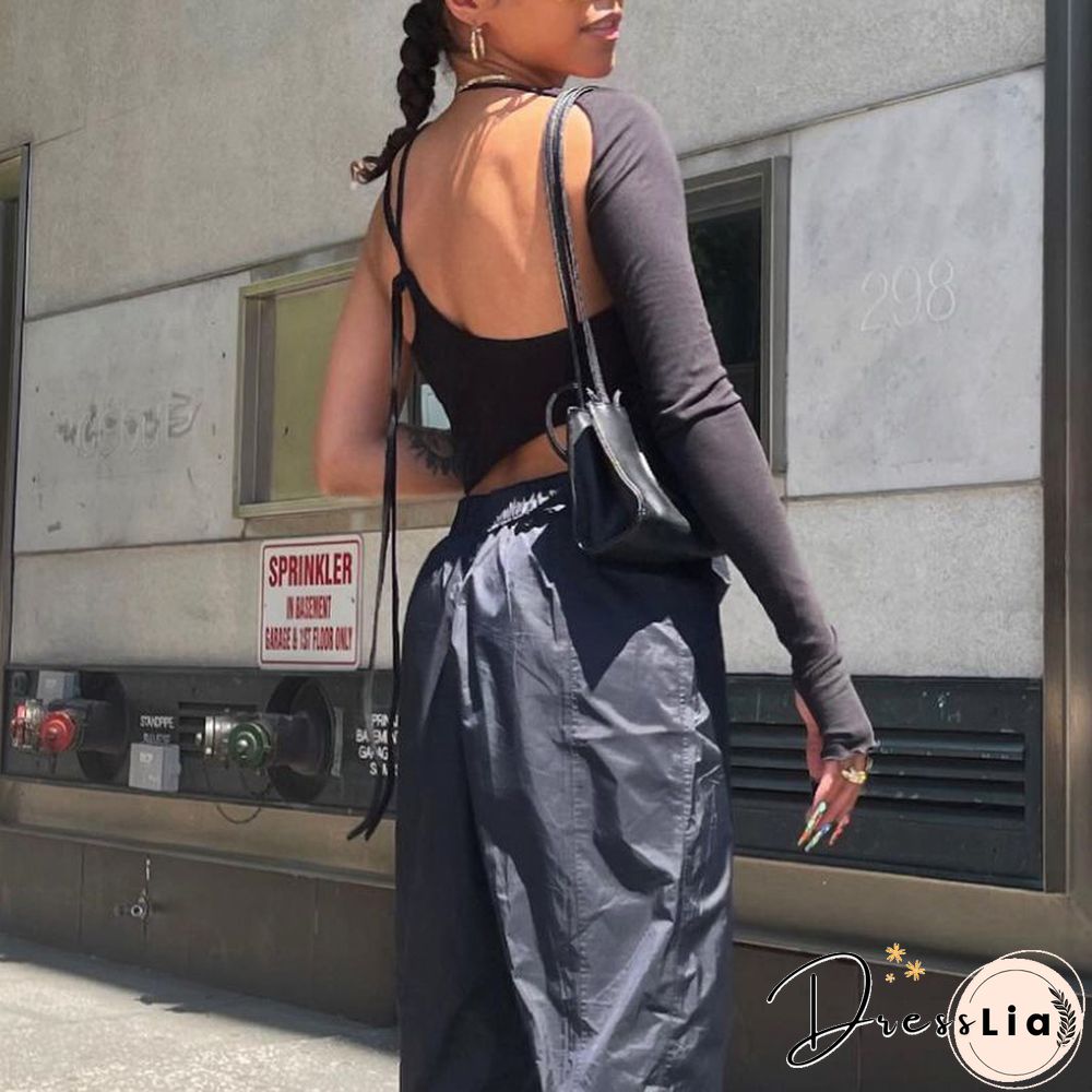 Street Sexy One Shoulder Hollow Out Tie Up Halter Crop Top Women Long Sleeve Backless Solid Slim Fit T-Shirt Exposed Navel Tee