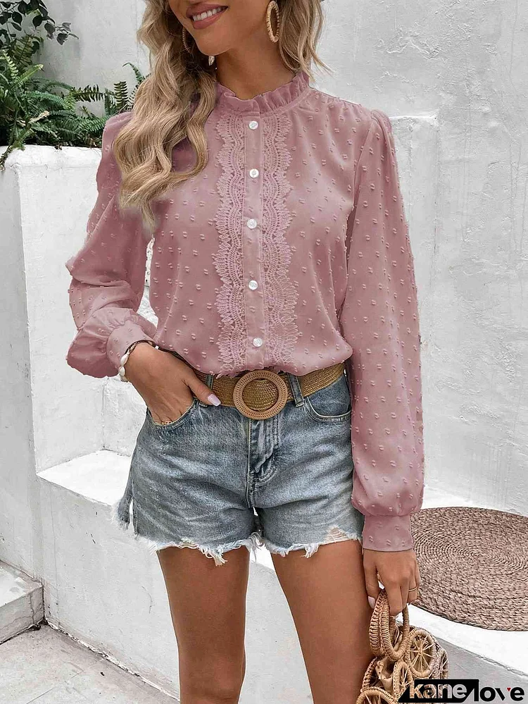 Swiss Dot Lace Trim Long Sleeve Shirt