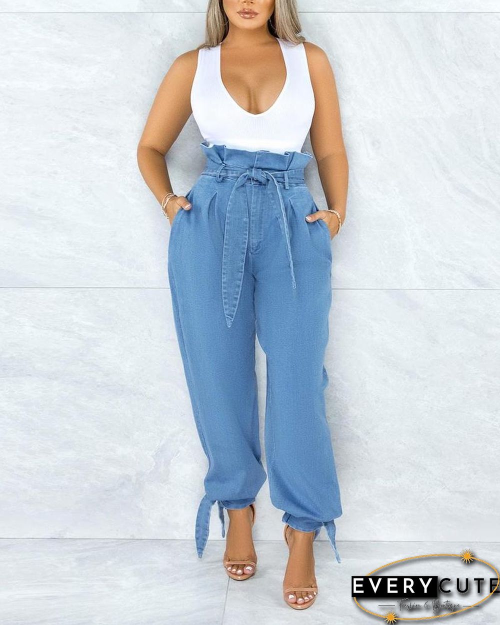 Solid Color High Waist Frill Hem Self Tie Jeans