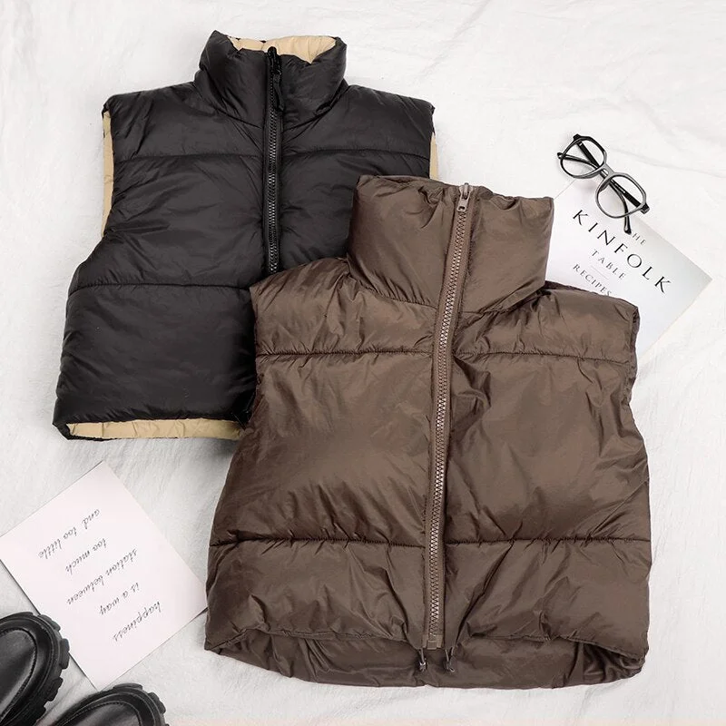 Women Vests Sleeveless Jacket Witner Parkas Waistcoats Women Casual High Collar Down Vest Female Outerwear Short Cotton Top